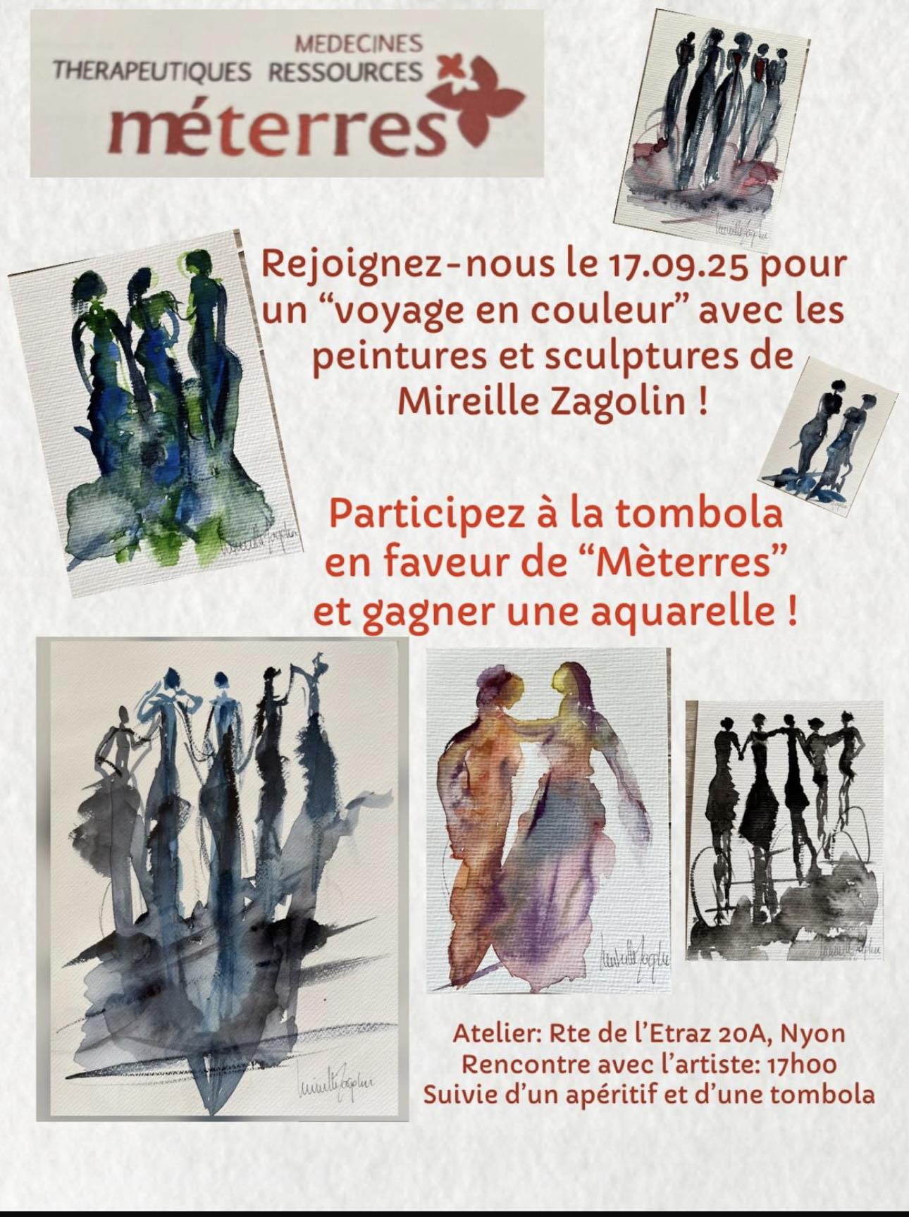 billets de tombola à vendre à 10 Fr. le billet. Si vous souhaitez soutenir l’association et participer acheter des billets merci de me le dire. Tirage au sort de la tombola le 17 septembre. tombola ( 6 lots: 1 aquarelle de 30x20 cms et 5 petites aquarelles de 10x 15 cms). Merci d’avance de votre participation